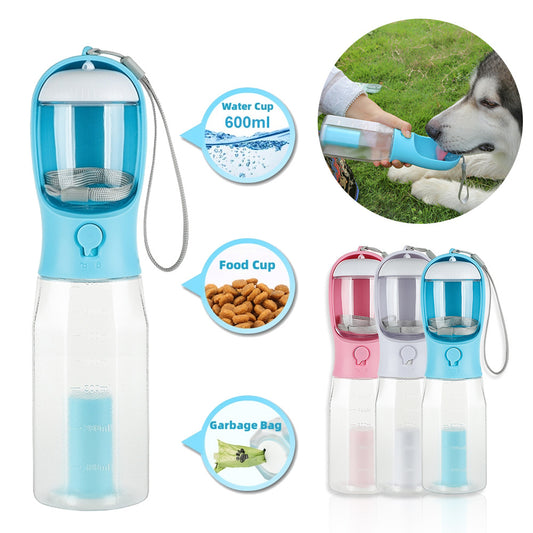 3-in-1 Dog Water Bottle – Portable Feeder, Drinker & Poop Bag Dispenser