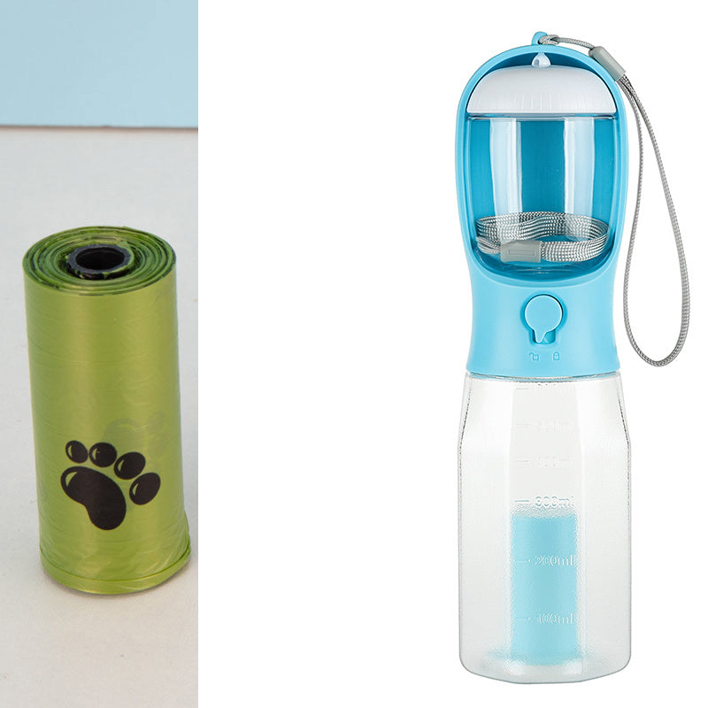 3-in-1 Dog Water Bottle – Portable Feeder, Drinker & Poop Bag Dispenser